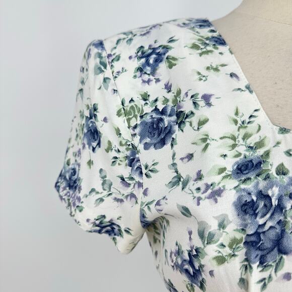 Vintage Benson Smith Midi Dress Sz 11/12 Floral Fitted Romantic Derby White Blue - Picture 6 of 16